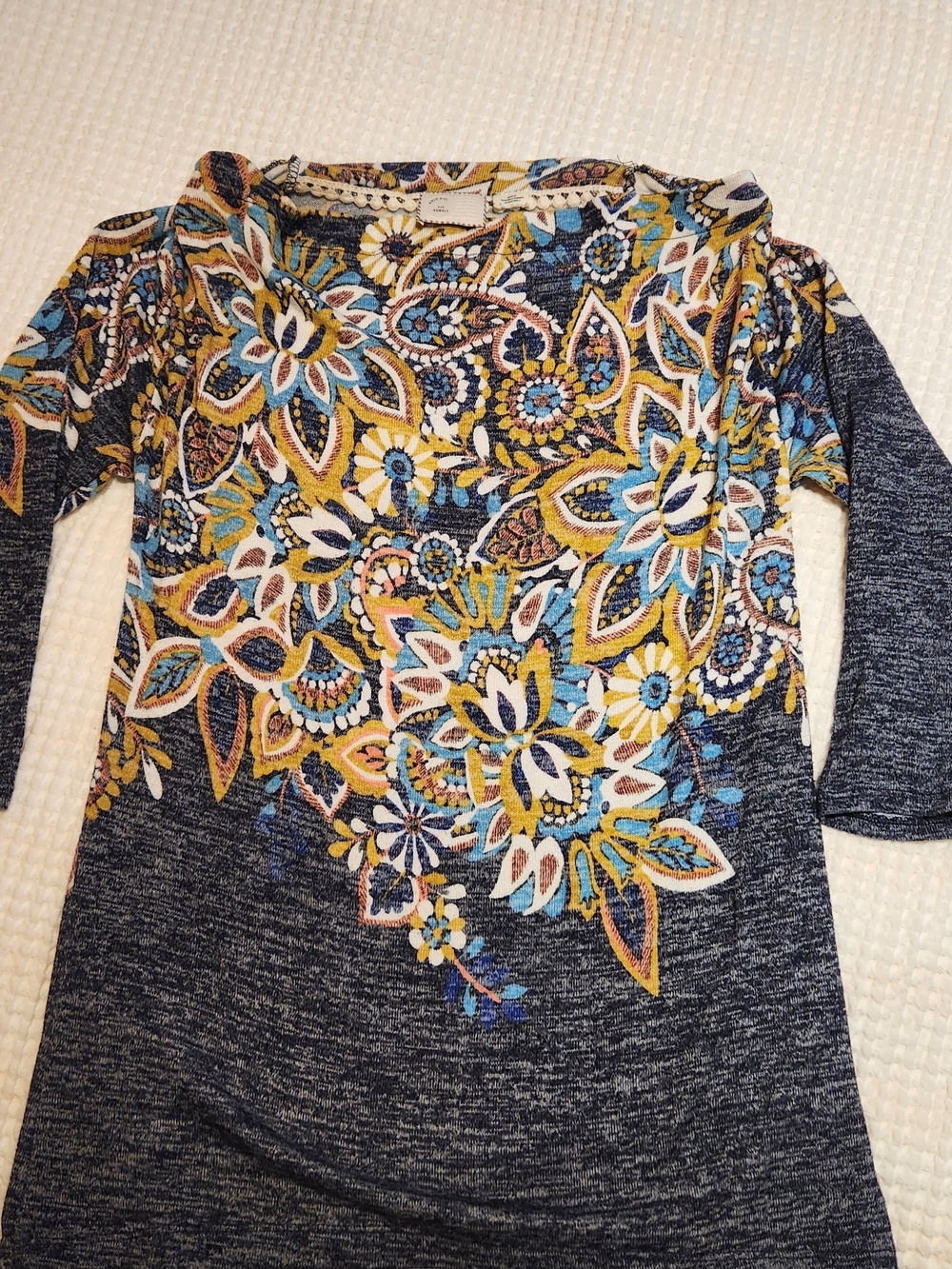 Anthropologie Navy Floral Scoop Neck Pullover with Yellow & Blue Accents